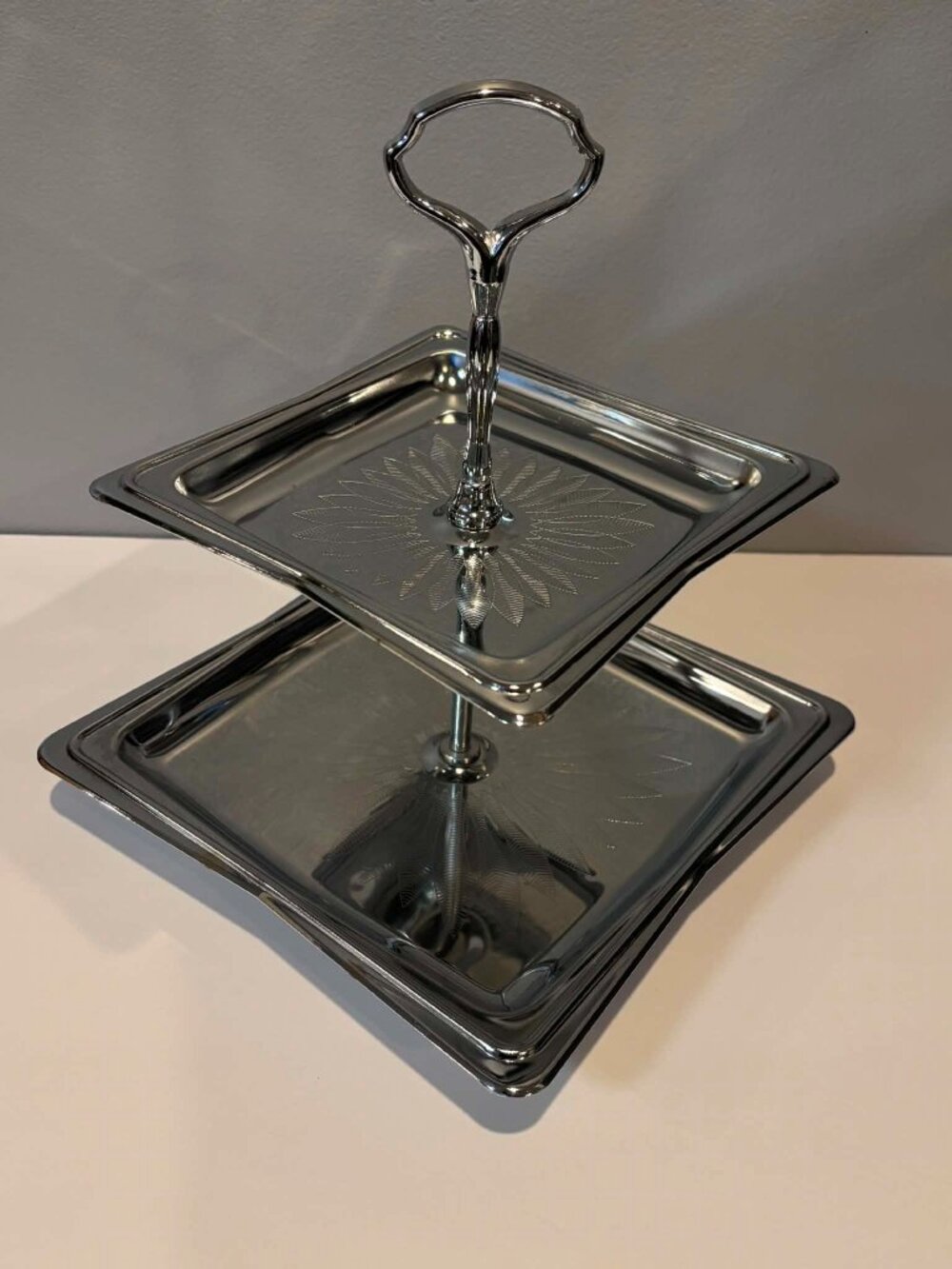 Vintage Classic MCM Two Tiered Hellerware Chromium Silver Formal Serving Tray